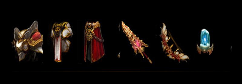 Equipamiento de maestría de la era Season 12: yelmo, armadura, capa, lanza, arco y un artefacto de cristal